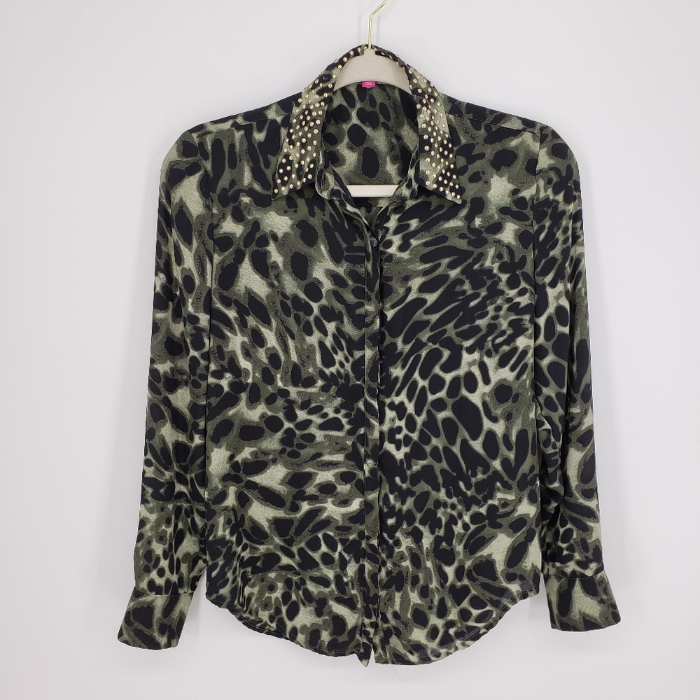 Vince Camuto Olive Leopard Print Blouse Sz XS